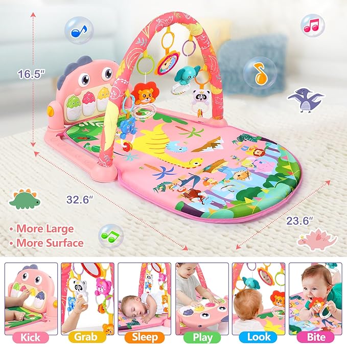 UMIKU Baby Play Mat Baby Tummy Time Mat Activity Center for Newborn Infant Piano Play Gym Mat Music & Light Babies Gifts Boy Girl for Babies 0-6 6-12 Months, Pink Dinosaur