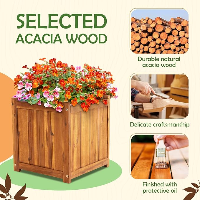 Idzo Hardwood Outdoor Flower Box, Durable Acacia Wood Flower Boxes for Outdoor Plants with Ergonomic Handles, Drainage Holes, Multiple Sizes Wood Bucket Planter for Home Decor, 1pcs