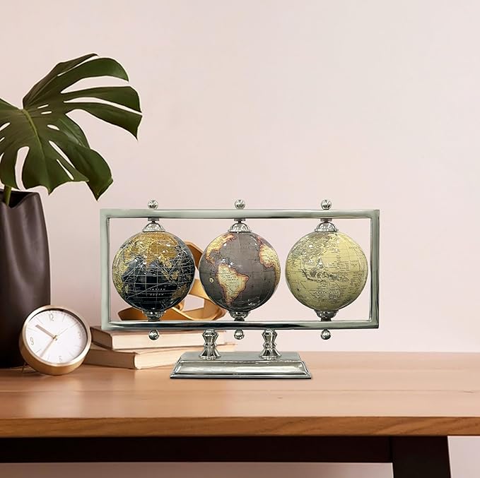 Rely+ Set of 3 4'' World Globes Sturdy Metal Silver Stand Rotating Desktop Globe For Geographic Home Decorative Desk Table Office Gift - Book Shelf Decor World Globe - Landscape