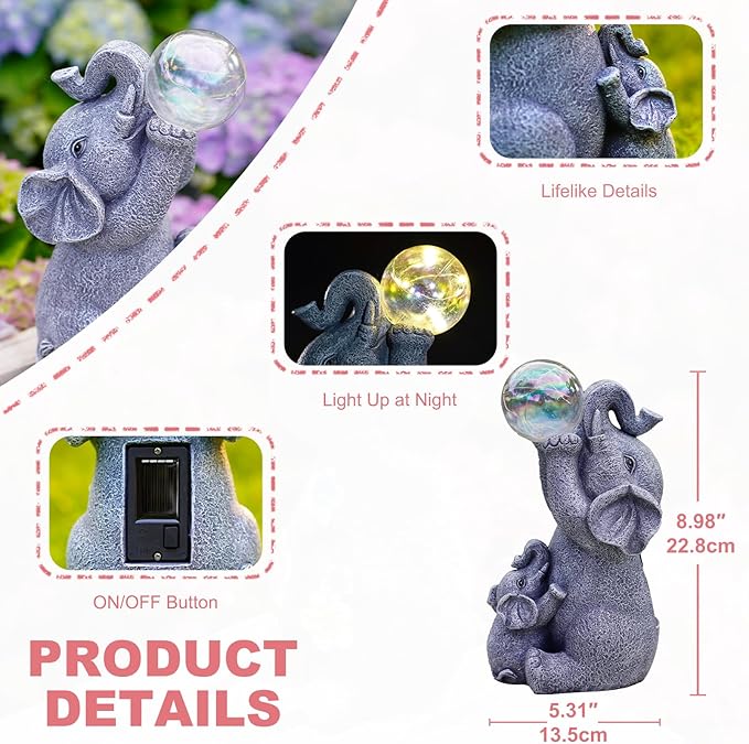 Solar Elephants Outdoor Garden Statues: Outside Decor with Lights Clearance for Yard Art Lawn Ornaments Porch Patio Balcony Home House - Birthday Gifts for Grandma Mom Women