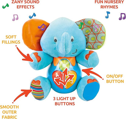 KiddoLab Plush Elephant Baby Toys - Musical Stuffed Animals with 3 Light-Up Buttons, 4 Children's Nursery Songs & Sound Effects - Soft Learning Toy for 3 Months & Olds Infants, Babies & Toddlers