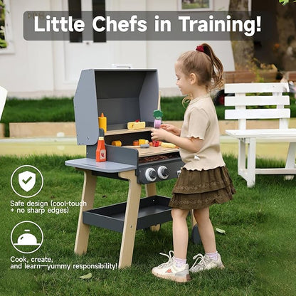 Kids BBQ Grill Playset Toy for Toddlers & Children Ages 3-8, Wooden Outdoor Indoor Pretend Play Cooking Toys with Toy Food and Grilling Tools, for Girls & Boys