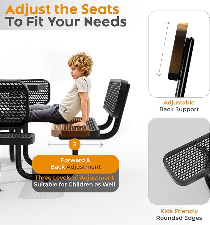 Metal Picnic Tables for Outdoors with Umbrella Hole - Coated Steel Heavy Duty Commercial Grade Table with Adjustable Seats (Black, 46 in, Square with Back, Expanded Steel)