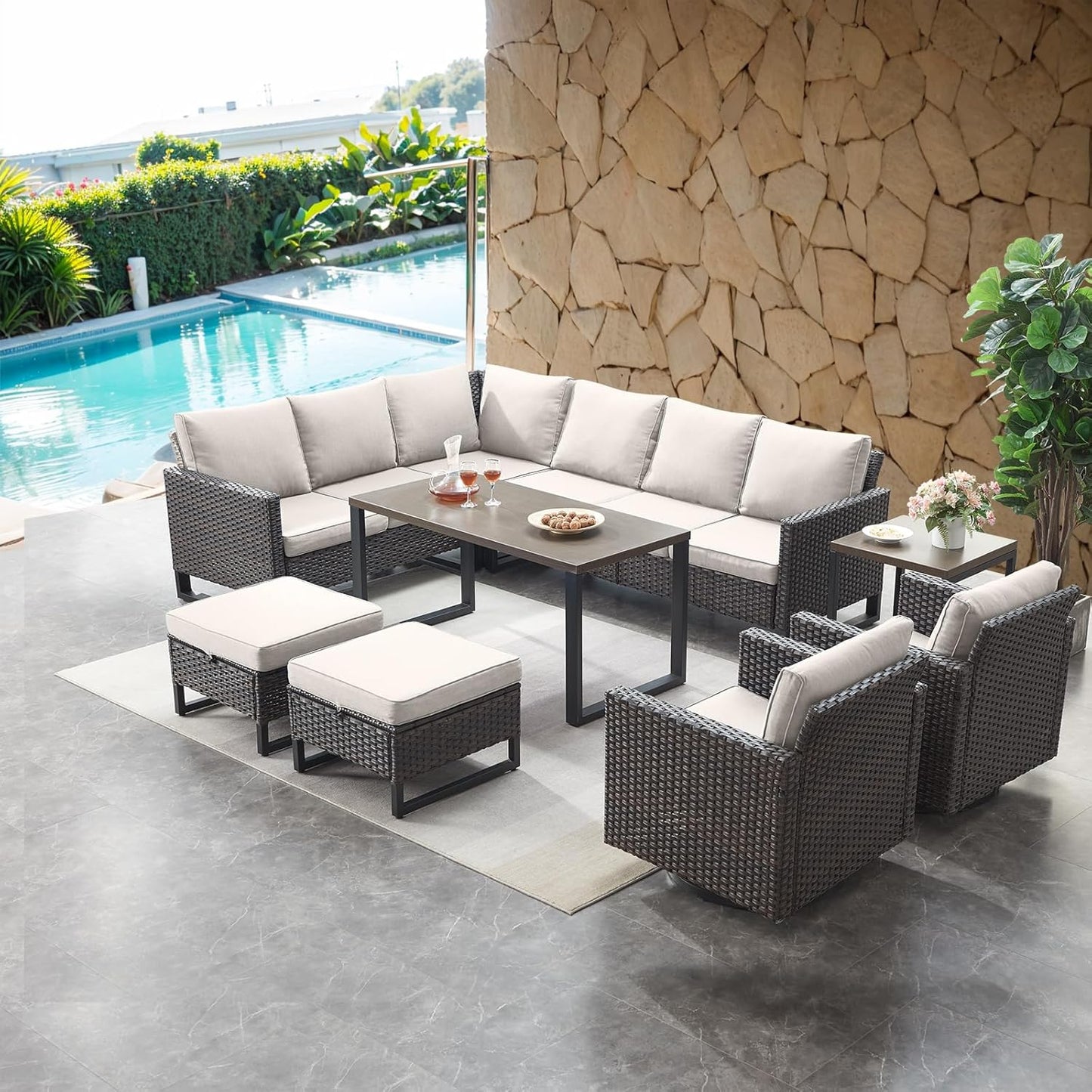 HUMMUH Patio Furniture Set 10 Piece PE Wicker Outdoor Sectional Sofa Set with Patio Swivel Chairs Dinning Table Ottomans for Porch,Garden,Backyard,Deck(Brown/Beige)