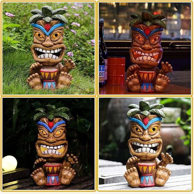 Outdoor Tiki Statue Decoration-Solar Power Light Tiki Garden Statues-Tiki Bar Decor Totem Pole Waterproof Figurines for Garden,Patio,Balcony,Yard,Lawn Ornament,10.43 Inch Tall