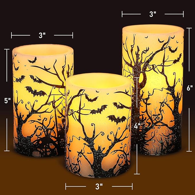 Halloween Decor Flameless Candles Set of 3 Black Spooky Bats Decal Flickering Candles Battery Operated with Remote Real Wax LED Pillar Candles for Halloween Party Horrible Theme Decor