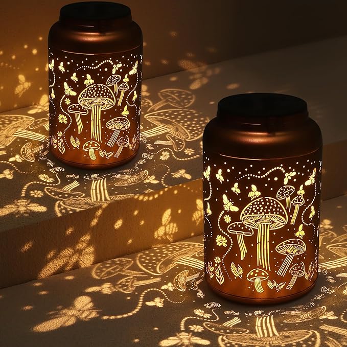 2 Pack Solar Lanterns Outdoor Waterproof, Mushroom Garden Decor Gifts for Women Mom Grandma Hanging Solar Lights Metal Solar Decoration Outside LED Lanterns for Yard, Patio, Lawn