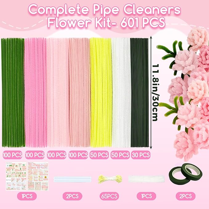 601PCS Complete Pink Pipe Cleaners Flower Kit–Pastel Pipe Cleaners for Flowers, DIY Craft Supplies for Projects, 6 Colors, with Floral Wires, Tape, Glue Sticks, Ribbon, Stamen, Manual & Video Tutorial