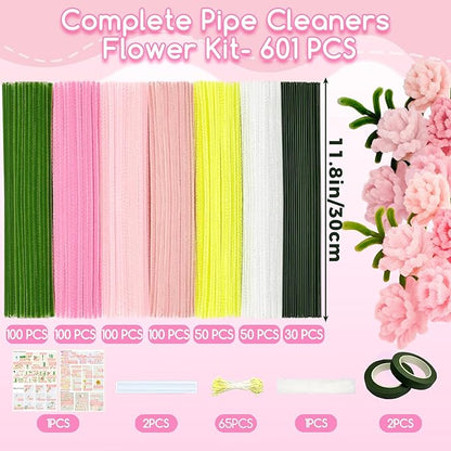 601PCS Complete Pink Pipe Cleaners Flower Kit–Pastel Pipe Cleaners for Flowers, DIY Craft Supplies for Projects, 6 Colors, with Floral Wires, Tape, Glue Sticks, Ribbon, Stamen, Manual & Video Tutorial