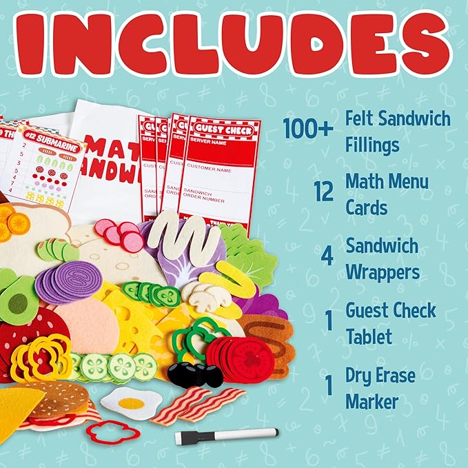 Peaceable Kingdom Math Sandwich Game: Preschool Math Games for Kids Ages 3 and Up – Includes 100+ Felt Food Pieces, 10 Menu Cards, Dry Erase Marker & Guest Check Tablet for Pretend Restaurant Play