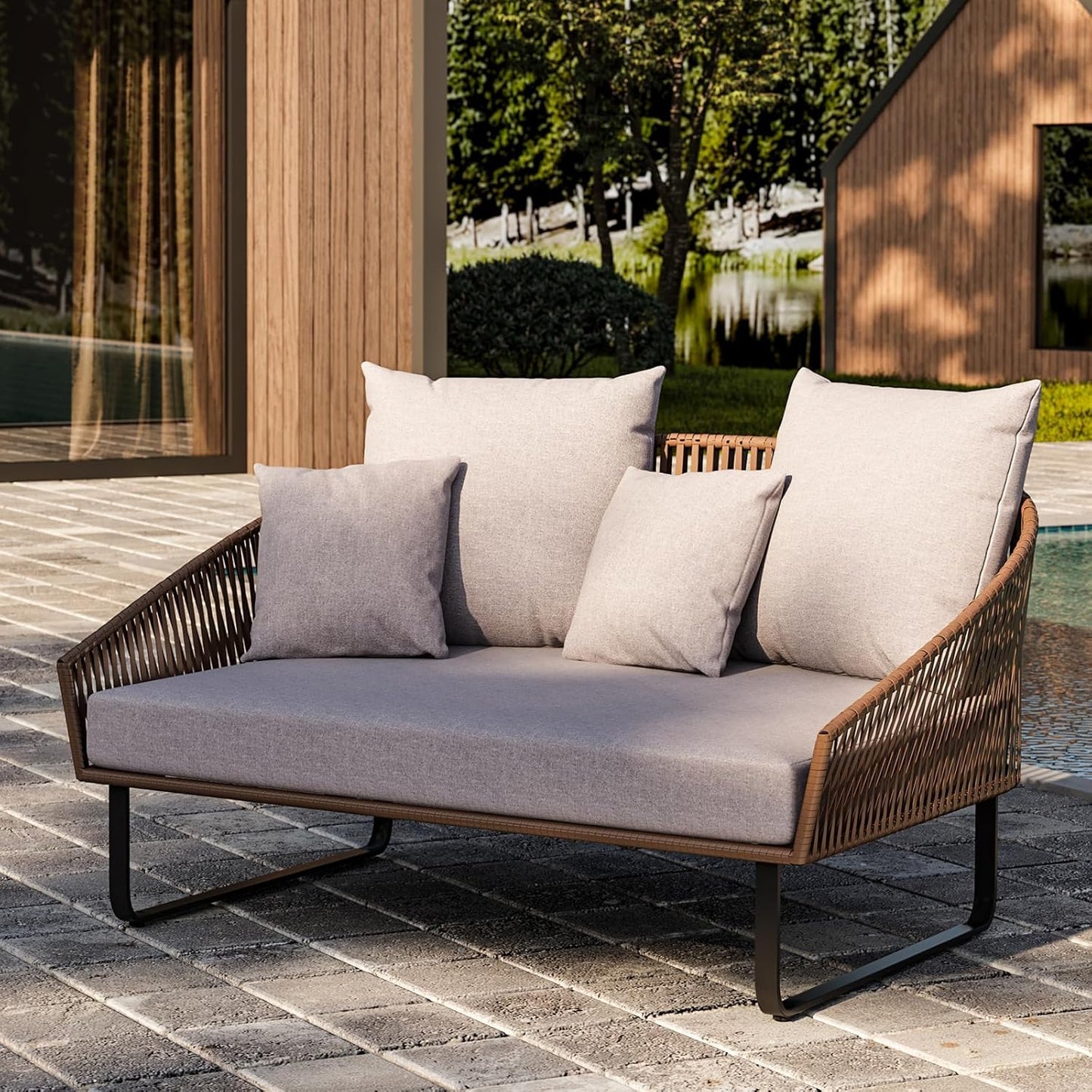 homary Rattan Patio Outdoor Daybed, Rattan Day Bed with Cushion Pillow & Aluminum Frame Sunbed Sofa Set Patio Loveseat,Gray