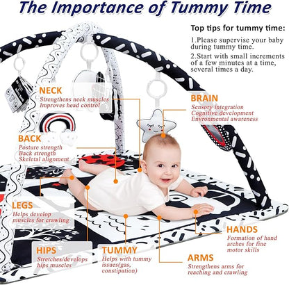 Black and White Baby Gym Play Mat with 6 Toys Tummy Time Activity Mat for Babies 0-6 6-12 Months High Contrast Baby Gyms & Playmats Sensory Toys Newborn Brain Development Infant Play Mat