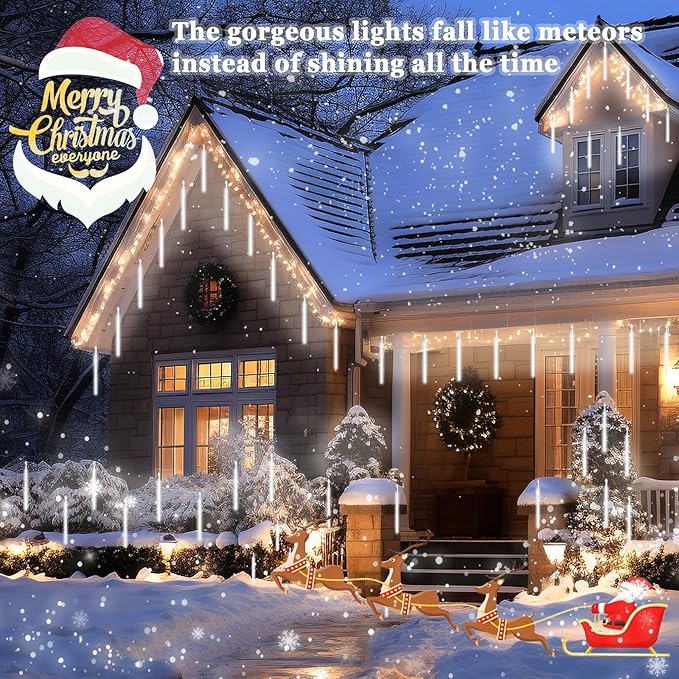 High Brightness 10 Tube 360 LED 12 Inch Meteor Shower Rain Lights Cascading Falling Rain Outdoor Lights for Christmas Roof Eaves Tree Decoration Icicle Raindrop