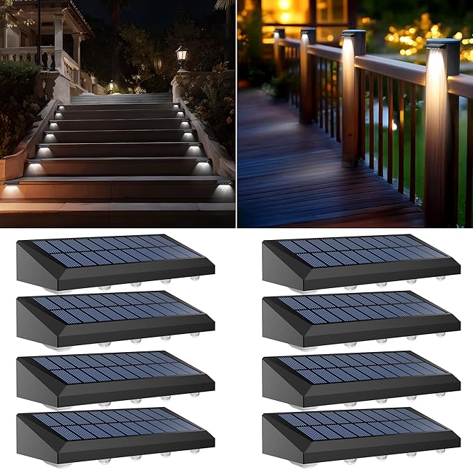 Solar Fence Lights Outdoor Waterproof IP65, 8 Pack Fence Lights Solar Powered 60 Lumens Auto On/Off Step Wall Lights Outside Decorations for Yard, Porch, Patio, Stairs, Pool, Deck, Garden-White Light