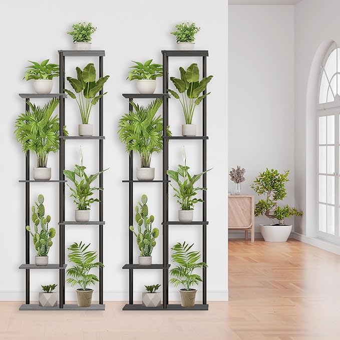 Plant Stand Indoor 7 Tier 8 Potted Metal Wood Plant Shelf, Multiple Flower Pots Corner Tall Plant Holder Stands for Living Room Balcony Bedroom, Oak Grey