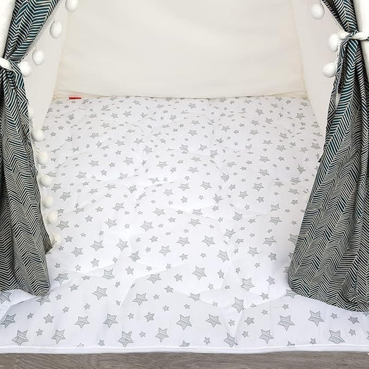 Mat of Teepee Tent for Kids, Toddler Teepee Mat Cushion, Anti Slip Bottom Square Padded Mat 43''x 43'' Kids Teepee Mat for Boys and Girls, Toddler Teepee Quilted Mat, White Star