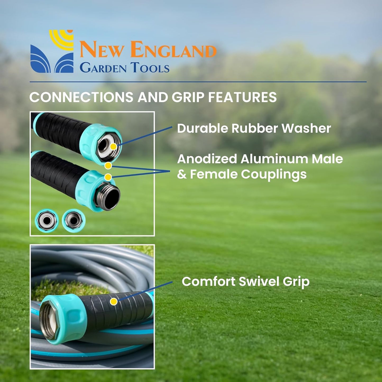 Hybrid Garden Water Hose 100 ft x 5/8”, Durable Heavy Duty Material, Kink-Free with Swivel Grips and Anodized Couplings, 700007 by New England Garden Tools