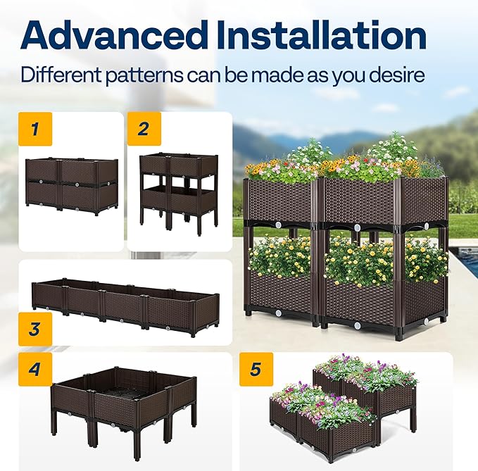 VIVOHOME 4 Packs Elevated Plastic Raised Garden Bed Planter Kit, Outdoor Planters Above Ground Flower Vegetable Standing Box for Patio Deck Porch W/Drainage Holes