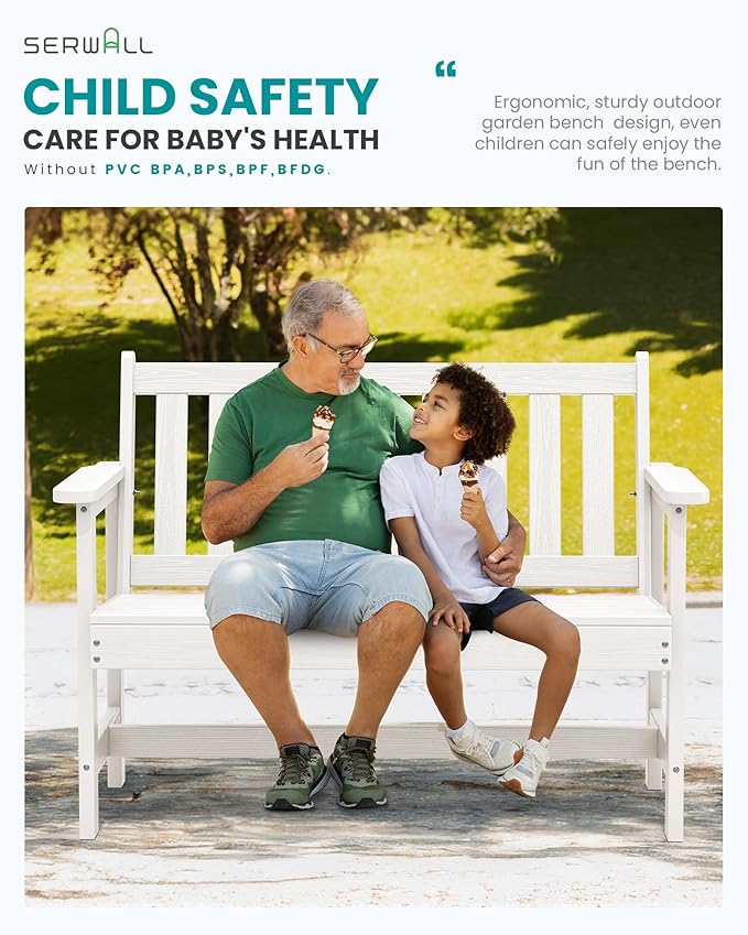 SERWALL Outdoor Bench, HDPE Outdoor Benches Weatherproof, 2-Person Garden Bench with 660 lbs Weight Capacity, Patio Benches for Outdoors, Garden, Porch, Backyard and Park, White, 2 Pack