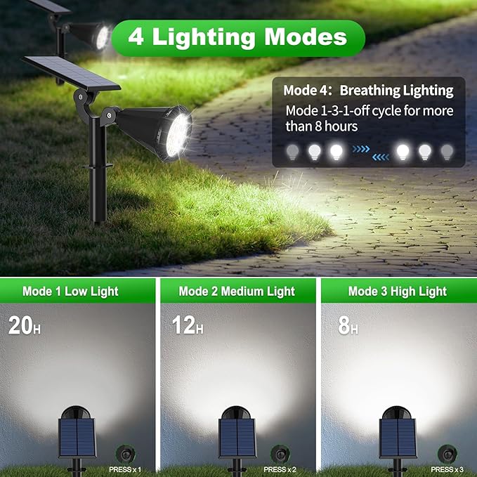 Solar Spot Lights Outdoor Waterproof 180° Adjustable Solar Powered Landscape Lights for Yard 4 Lighting Modes Solar Spotlights for Pathway Garden Outside Wall Pool Porch (2 Pack, Cool White)