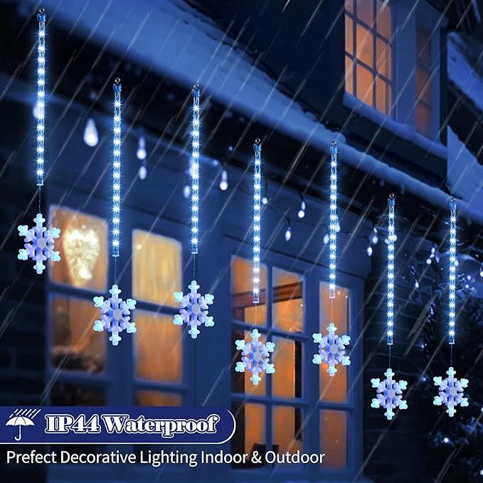 Enhon 2 Pack Meteor Shower Snowflake Lights Outdoor with Timer, Total 480 LED 12in 16 Tube Connectable Waterproof Meteor Rain Drop Christmas Light with Snowflake for Xmas Tree Roof Garden(Blue)