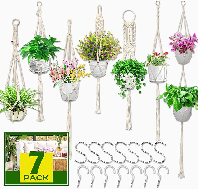 IGaiety Macrame Plant Hanger,7 Pack Plant Hanger Indoor Hanging Planters with 7Pcs Ceiling and S Hooks-Handmade Macromay Plant Hangers Outdoor Macrame Plant Holder for Boho Home Decor
