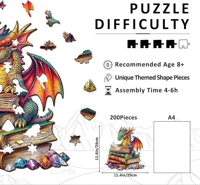 Wooden Puzzles for Adults - Reading Dragon Wood Puzzles Adult - Unique Animal Shape Wooden Jigsaw Puzzles for Adults - Birthday Gifts for Puzzle Lovers, Family (11.4 * 11.4in)