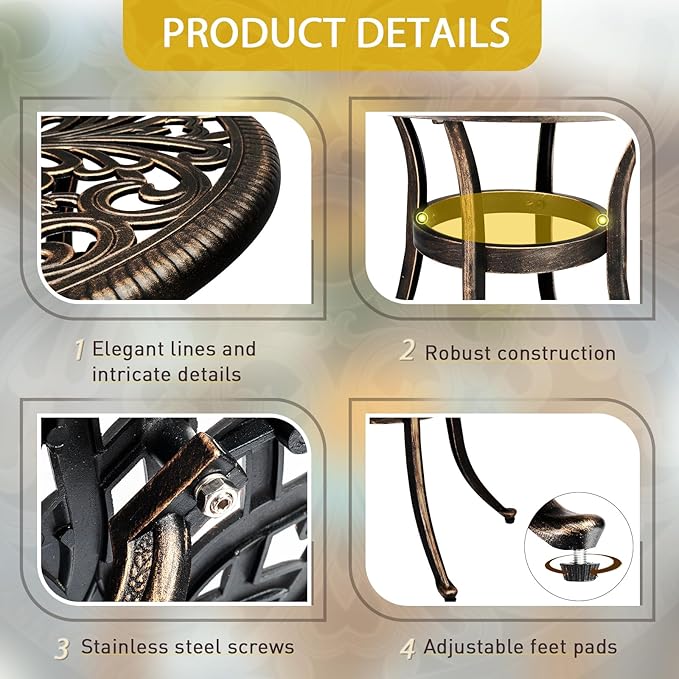 Outvita Patio Side Table, 23.6in Outdoor Round Cast Aluminum Bistro Table with Umbrella Hole and Antique Design for Backyard Porch Pool Balcony Deck Bronze