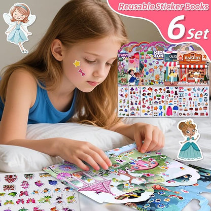 6 Set (260pcs) Puffy Sticker Books Activity for Girls, Fairytale Garden, Princess Party, Mermaid, Kids Zone, Girls' Shop, 3D Reusable Stickers, Travel Sticker Books for Kids Ages 3+