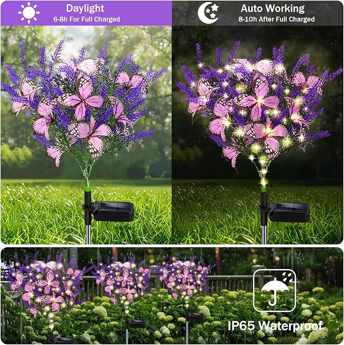 Solar Garden Lights Outdoor, 2 Pack Purple Lavender Solar Butterfly Lights Gardening Gifts for Women, Purple Solar Artificial Flower with Butterfly Purple Garden Decor for Lawn Patio-Warm White