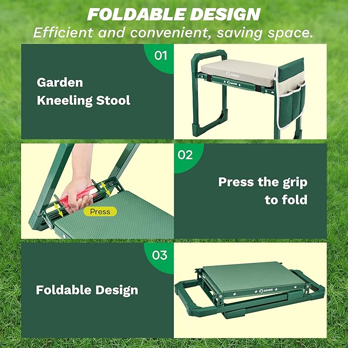 Saker Garden Kneeler and Seat Foldable Gardening Stool with Extendable Legs & Thickened Pad, Tool/Storage Bag, Heavy Duty Support for Elderly, Gardening, Outdoor Use