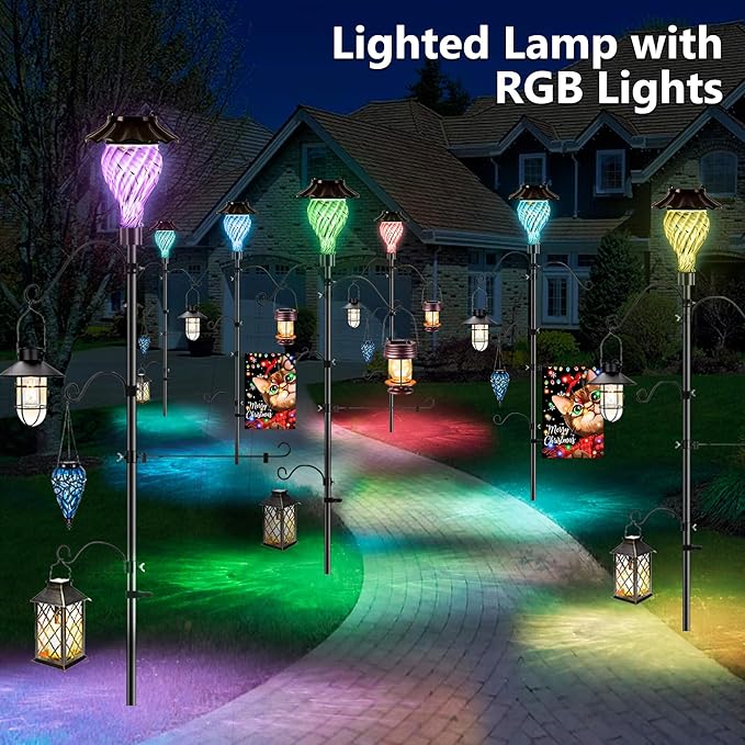 Solar Shepherds Hooks with Hand Blown Glass Lamp, Decorative RGB Lights, 4 Hooks & 1 Flag Holder, Heavy Duty Stand for Hanging Hummingbird Feeder, Bird Feeder, Plant, Landscape Light (Purple)