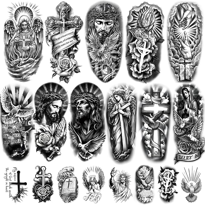 77 Sheets Christian Temporary Tattoo for Women Men, 17 Sheets Half Arm Religious Cross Jesus God Angels Fake Tattoos for Adult Arm Chest, 60 Sheets Christ Tiny Realistic Tattoos Stickers for Kids