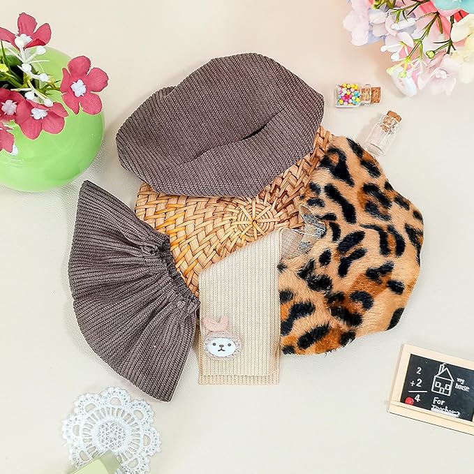 17cm Doll Clothes Set, Compatible with Labubu, Floral Dress with Lace Trim, Headband & Bear Charm Accessory (NO Doll) (Leopard Print)