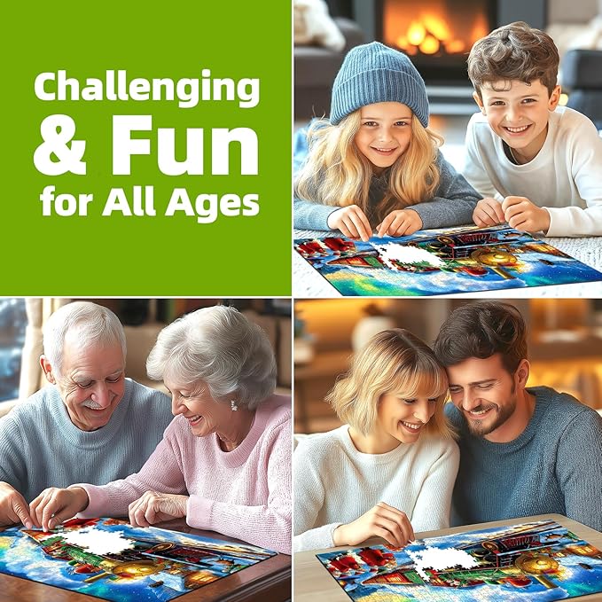 Christmas Train 1000 Piece Puzzle for Adults - Vintage Winter Holiday Jigsaw Puzzles with Northern Lights Scene - Challenging Adult Christmas Puzzles for Game Night, Seasonal Decor