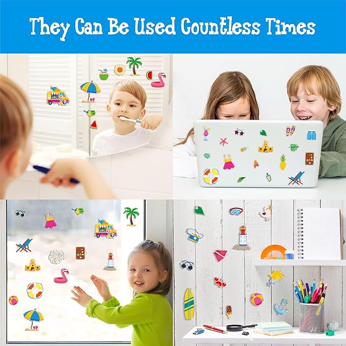 40PCS Reusable Jelly Stickers, Waterproof Summer Beach Window Cling Stickers for Toddlers, Removable Easy to Clean Gel Decals for Kids, Adults, Home & Classroom Decors, Travel Toy (Not Edible)