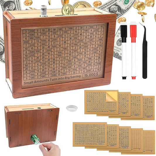 Cash Vault Wooden Savings Box 10000 5000 15000 3000 2000 1000 500 Cash Box with 2 Blank Savings Tracker, Official Save Box $10000 Brown