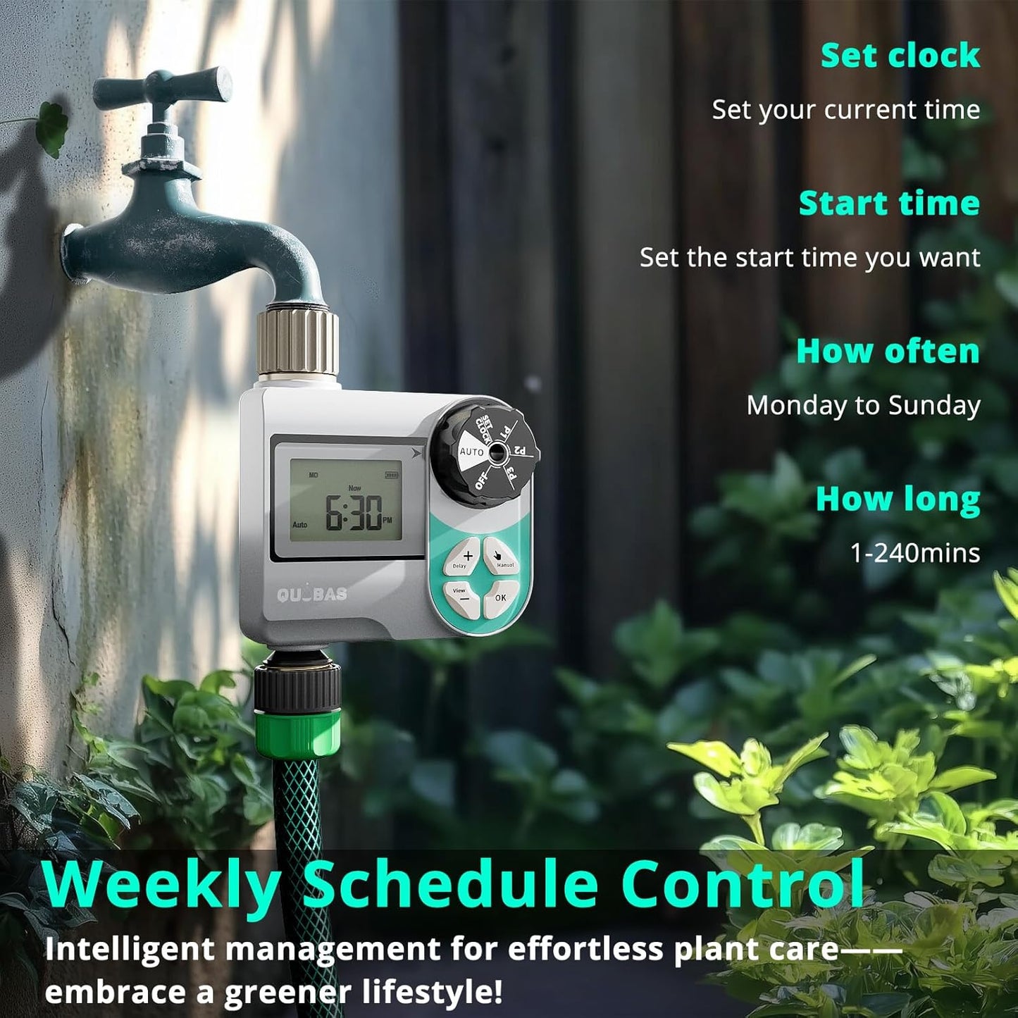 QUOBAS Weekly Plan Sprinkler Timer with Metal Inlet & Outlet, Water Timer for Garden Hose with Rain Delay/Manual Watering/Automatic Watering Controller System for Watering Lawn, Yard, Garden