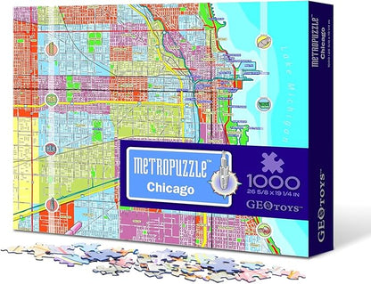 GeoToys Metropuzzle, Chicago Jigsaw Puzzles 1000 Pieces - 27 x 19 Detailed Chicago Geography Puzzle, Challenging Adult Puzzle, Fun Puzzles for Adults, Map Poster Included for Adults