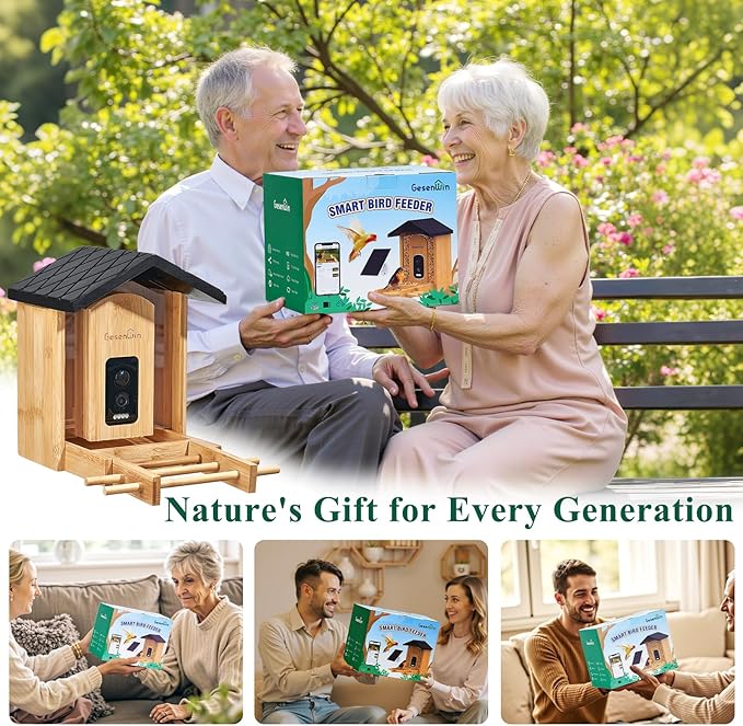 Smart Bird Feeder with Camera for Wild Birds - Identifies 11,000+ Species, Solar Panel Wireless Outdoors Bamboo Birdhouse with Cam, 2K HD Live Video & Instant Alerts - Bird Lover Gifts