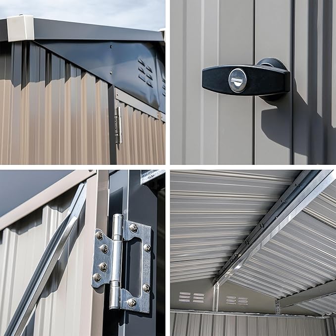 Metal Outdoor Galvanized Steel Storage Shed with Lockable Doors for Backyard or Patio Storage of Bikes, Grills, Supplies, Tools, Toys, for Lawn, Garden, and Camping, Tan (8x6)