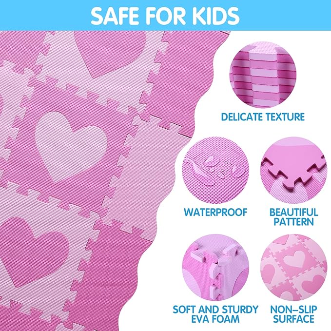 Foam Play Mat for Kids, 25pcs Square Interlocking Puzzle Floor Mat, Baby Toddler Playmat with Fence - Pink Heart