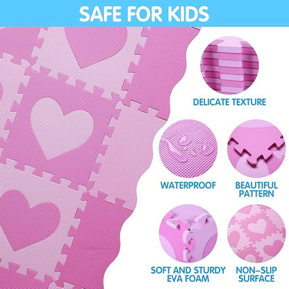 Foam Play Mat for Kids, 25pcs Square Interlocking Puzzle Floor Mat, Baby Toddler Playmat with Fence - Pink Heart