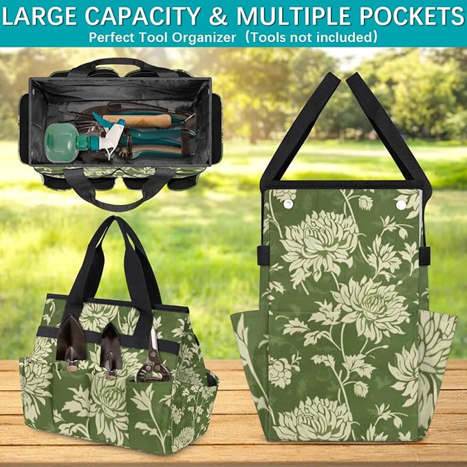 Spring Leaves Gardening Tool Bag,Heavy Duty Garden Tote Bag,Portable Oxford Gardening Storage Basket Organizer Handbag with Pockets Handle,Hand Tools Gifts for Outdoor Garden Lawn Yard