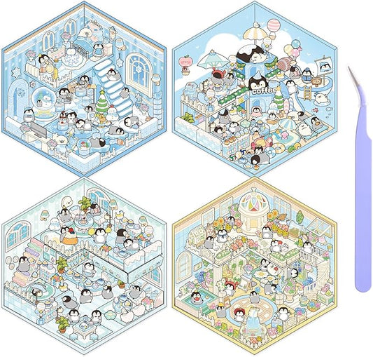 Girls 3D Miniature Scene Stickers, 4 Sets Penguin Holiday DIY House Stickers for Sweet World,Fun Beach,Flower Room,Home Diary, Cute 3D Cartoon Scene Stickers for Adult Kids Relief Stress Pass The Time