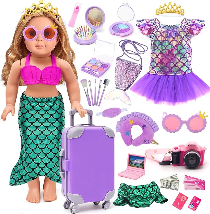 American 18 Inch Doll Makeup Accessories and Travel Set Mermaid, Including Purple Suitcase Luggage Dress Eye Shadow Lipstick Eyelash Brush Dolls Travel Gear Play Set Gift for Birthday (NO Doll)