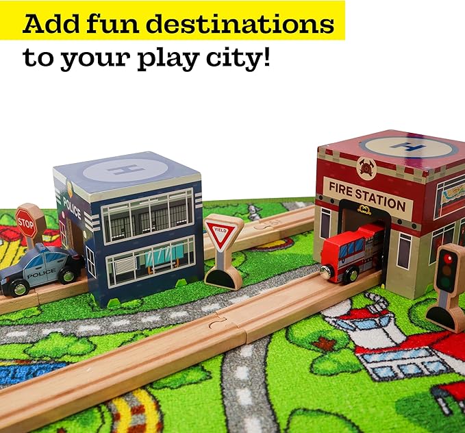 6 Wooden Stacking City Buildings - Nesting Community Helpers Building Boxes - Wood Sorting Cubes Town Play Set for Mats, Toy Cars and Trains - Educational Preschool Track Accessories Learning Toddler