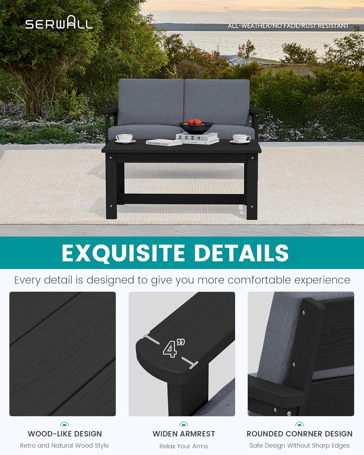 SERWALL Outdoor Loveseat, Black Frame and Grey Cushion