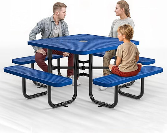 Metal Picnic Tables for Outdoors with Umbrella Hole - Coated Steel Heavy Duty Commercial Grade Table with Adjustable Seats (Blue, 46 in, Square, Punched Steel)