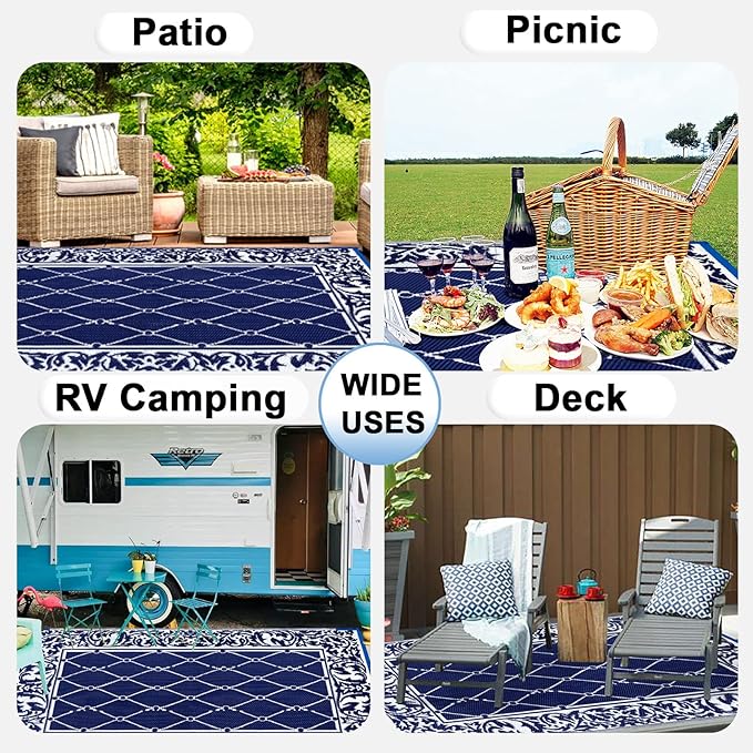 OutdoorLines Indoor Outdoor Rug for Patio 6x9 ft - Reversible Outside Carpet, Stain & UV Resistant Portable RV Mat, Plastic Straw Rug for Camping, Pool Deck, Porch Rhombus Navy & White